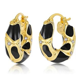 Gold Black Enamel Hoop Earrings